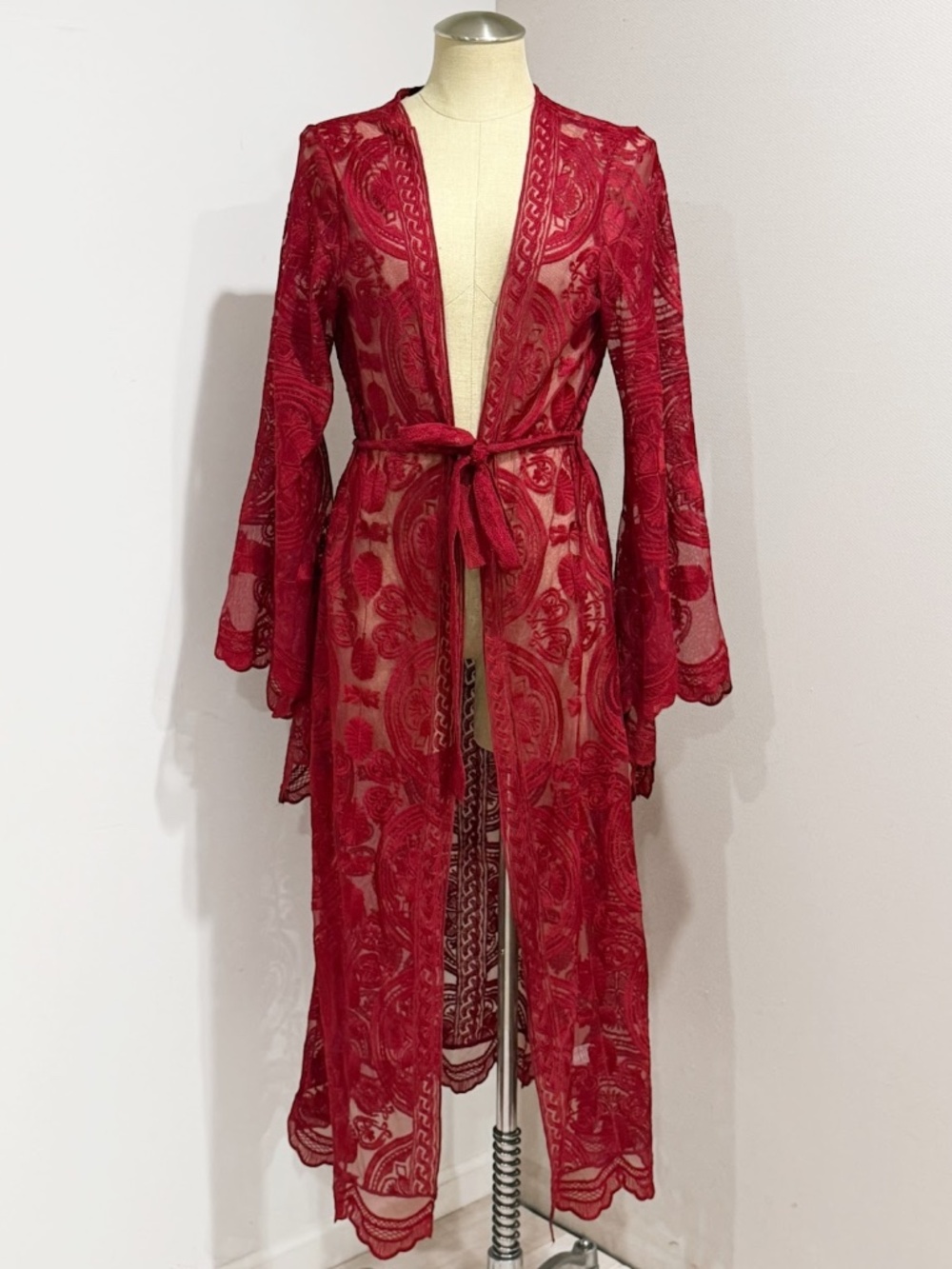 Women's Sheer Burgundy Lace Beach Cover Up Bohemian Boho Duster Kimono Size S